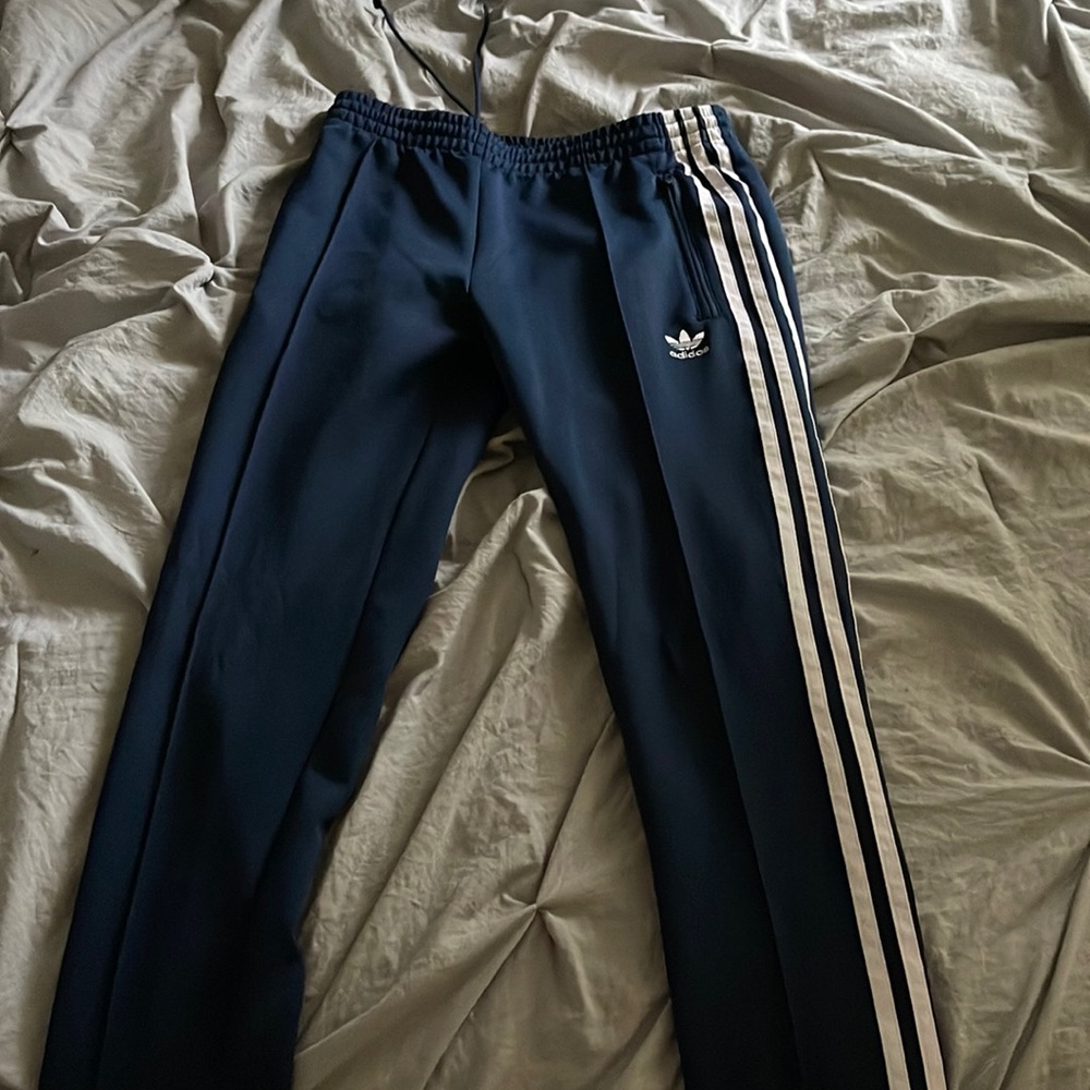 Adidas Navy Blue Track Pants with White Stripes